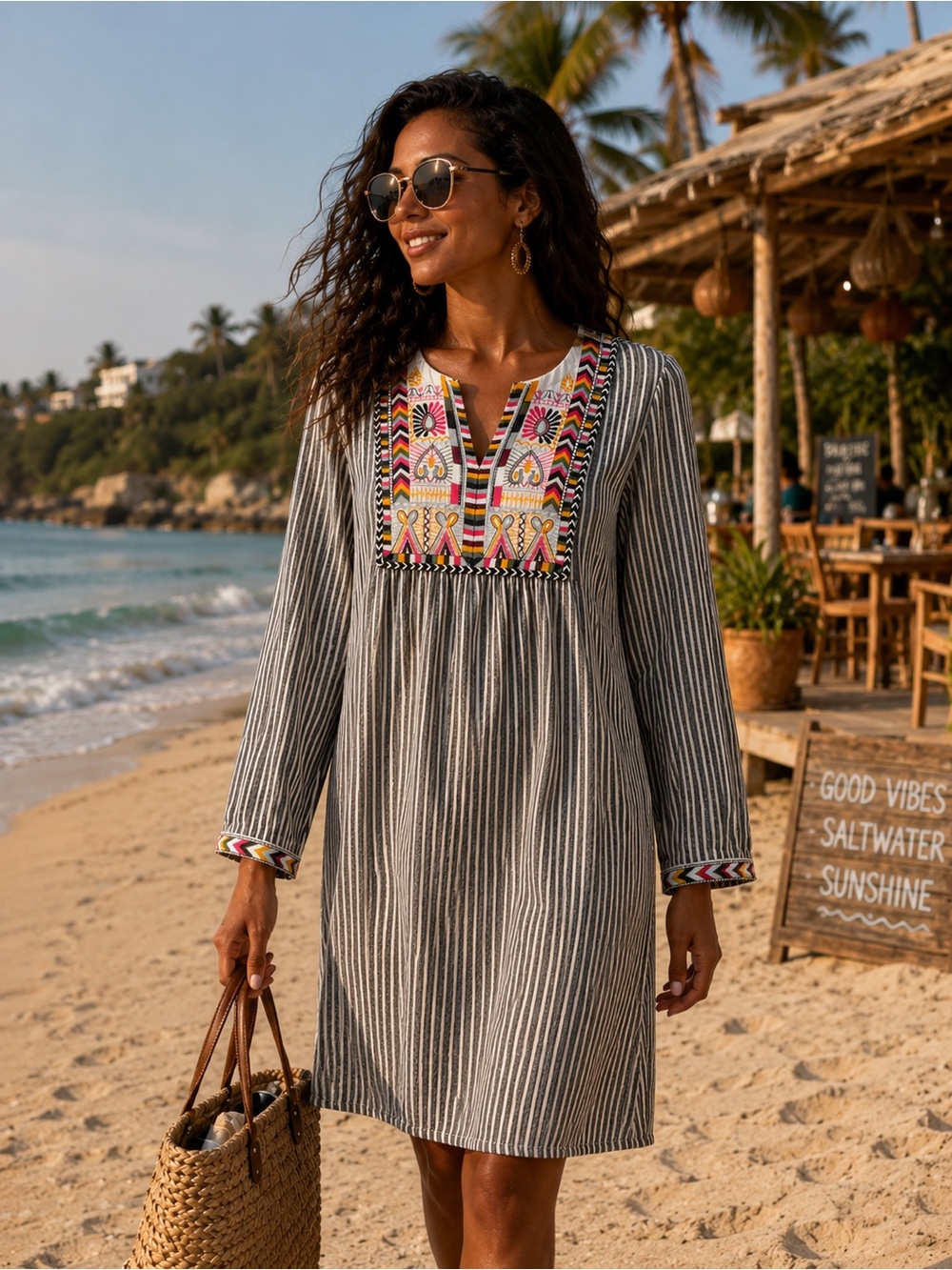 Philosophy Striped Embroidered Boho Shift Dress